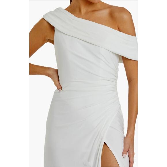 Mac Duggal Foldover Off-Shoulder Asymmetric Ruched White Jersey Maxi Gown sz 14 - Picture 5 of 16